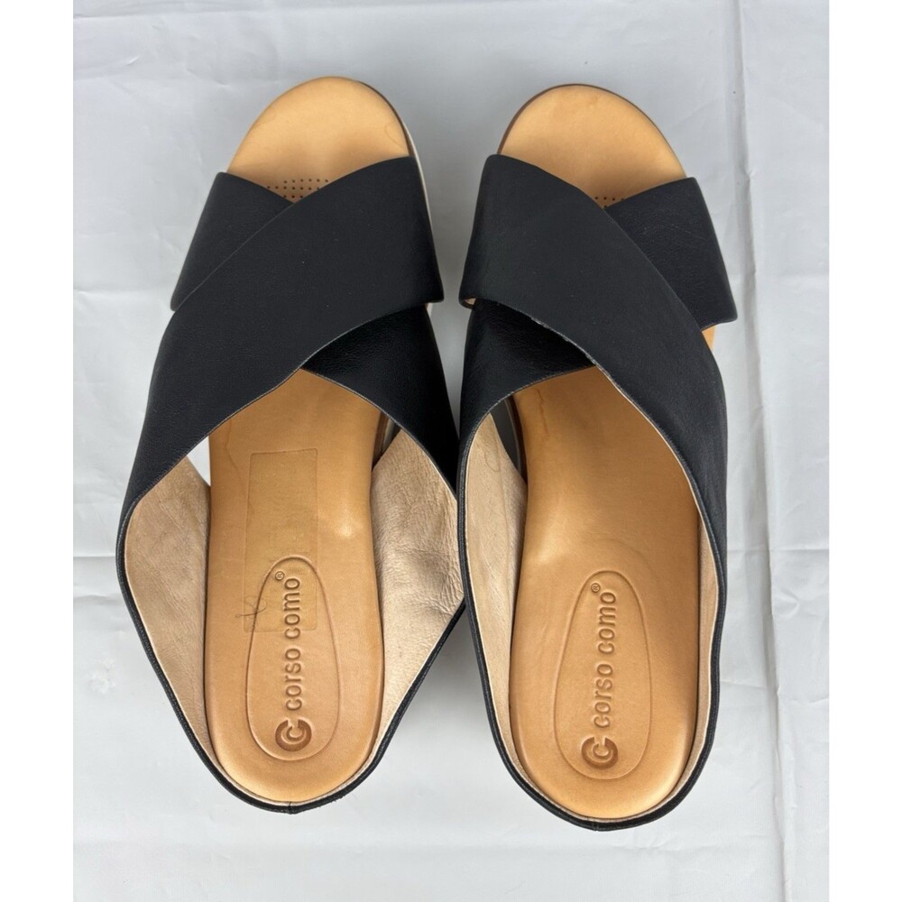 Corso Como Bilanka Leather Sandals 9M Black Wedge Cross Strap Slip-On Slide - Picture 10 of 12